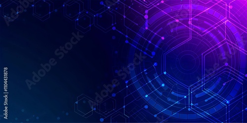 A futuristic digital circuit board with glowing blue and purple neon lights, representing technology and innovation.