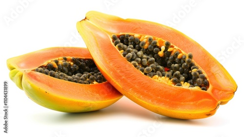 photograph of Fresh and juicy papaya isolated on white background high quality image for advertising wide angle lens photo