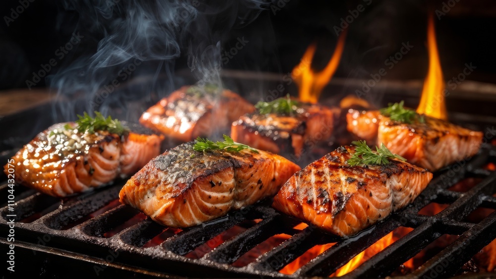 Pieces of salmon sizzling on a cast-iron grill, faint flames in the background. Pieces of salmon sizzling on a cast-iron grill, faint flames in the background.