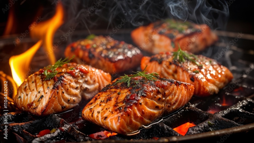 Pieces of salmon sizzling on a cast-iron grill, faint flames in the background. Pieces of salmon sizzling on a cast-iron grill, faint flames in the background.