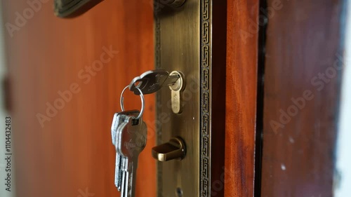 Wooden door lock keys footage slowmotion