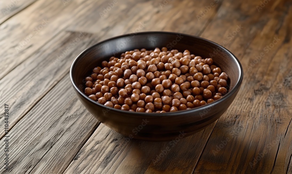 Brown spherical seeds in wooden bowl, natural texture, rustic setting, warm tones Brown spherical seeds in wooden bowl, natural texture, rustic setting, warm tones