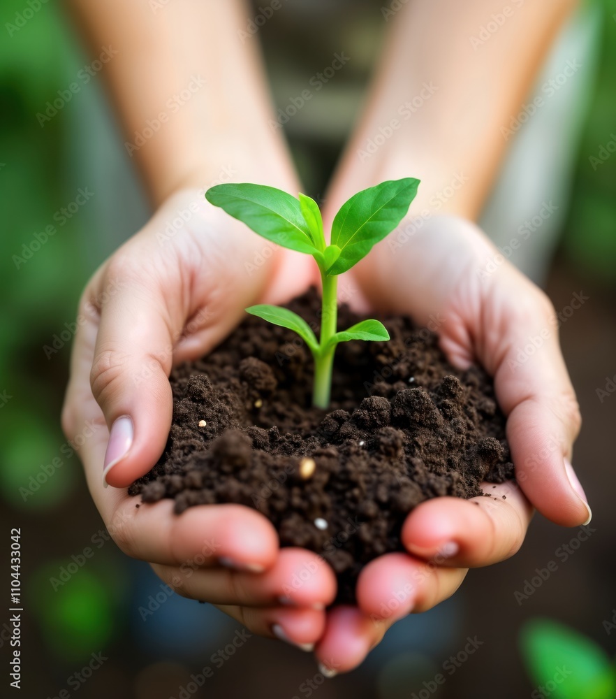Girl tenderly holds small plant. Young sprout with soil in hands. Eco friendly concept in nature. Care for nature. Sustainable development, responsibility. Girl planting seedlings outdoors. New life Girl tenderly holds small plant. Young sprout with soil in hands. Eco friendly concept in nature. Care for nature. Sustainable development, responsibility. Girl planting seedlings outdoors. New life