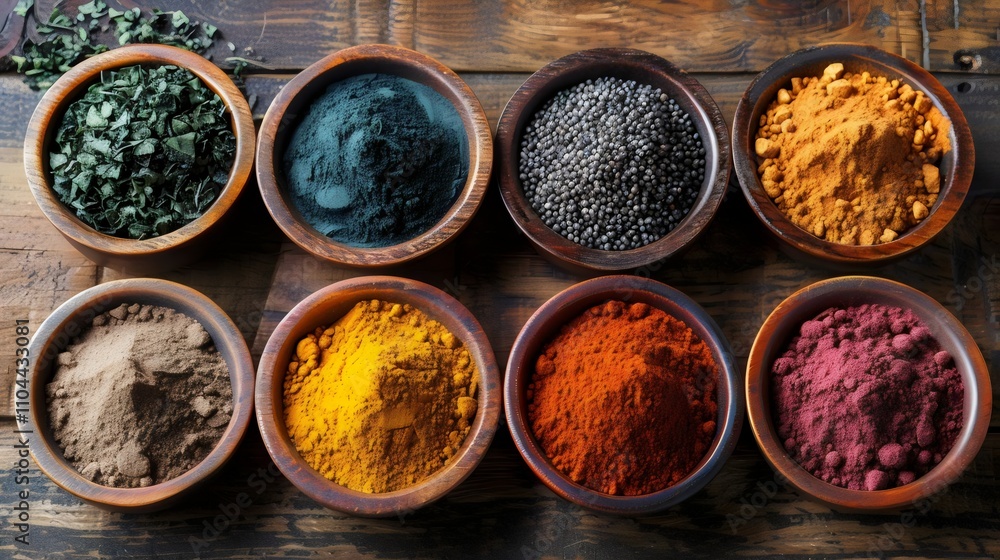 A variety of spices are displayed in wooden bowls on a wooden table A variety of spices are displayed in wooden bowls on a wooden table