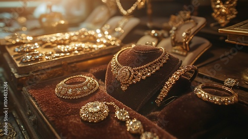 Exquisite gold jewelry displayed on velvet display cases.