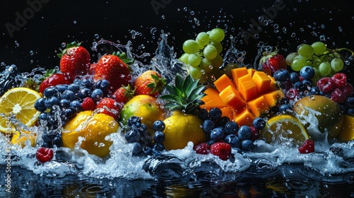 photograph of Fruit and water splashing together. Assortment of colorful ripe tropical fruits. Organic fruits. Fruit explosion. Fruits such as oranges, lemons, strawberries, 