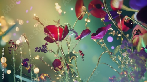 A vibrant abstract depiction of a garden bursting into life with flowers blooming in shades of crimson, violet, and gold. Their stems and vines twist and stretch dynamically, creating an energetic