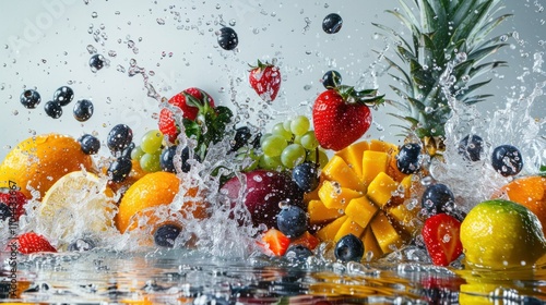 photograph of Fruit and water splashing together. Assortment of colorful ripe tropical fruits. Organic fruits. Fruit explosion. Fruits such as oranges, lemons, strawberries, 