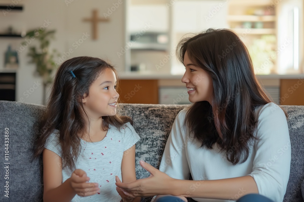 Mother and preteen daughter happily talking on couch. Family bonding moment in a living room. Trust and communication shown. Family values concept. Good home environment. Mother and preteen daughter happily talking on couch. Family bonding moment in a living room. Trust and communication shown. Family values concept. Good home environment.
