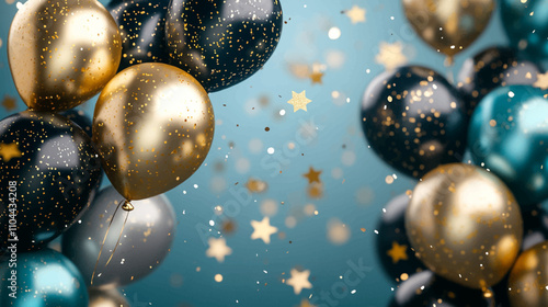 A wide banner with balloons and confetti, a blue background with gold stars and ribbons, balloons in shades of dark turquoise and light sky blue. Birthday party illustration celebration backdrop.