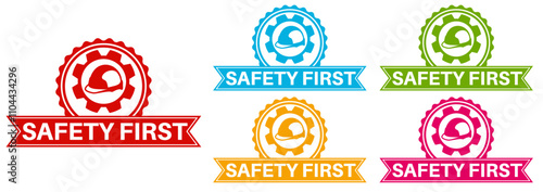 Set collections trendy colorful safety first icon sign.  Work Safety labels design template Vector illustration