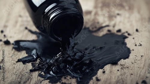 Spilled black ink pools from a tipped-over inkwell, spreading across the surface.

 photo