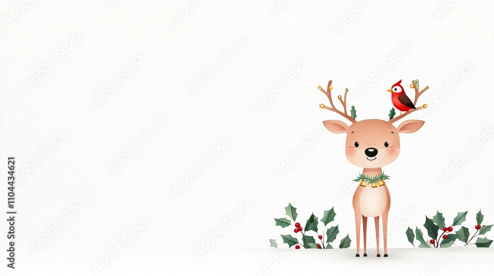 Reindeer with bird on antler, surrounded by holly leaves, minimalistic festive illustration, soft white background, cheerful holiday design, vibrant seasonal atmosphere, copy space for text
Reindeer with bird on antler, surrounded by holly leaves, minimalistic festive illustration, soft white background, cheerful holiday design, vibrant seasonal atmosphere, copy space for text
