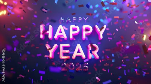 Glowing animated HAPPY NEW YEAR 2025 text in neon colors with subtle confetti falling on a dark purple background.