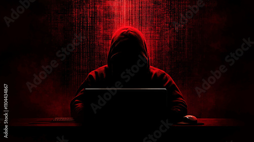 Cybercrime, hacker and thinking at computer for virus, overlay and futuristic at desk. Male criminal, hoodie and ready for coding, cyber attack and programming for malware with tech, scam and data