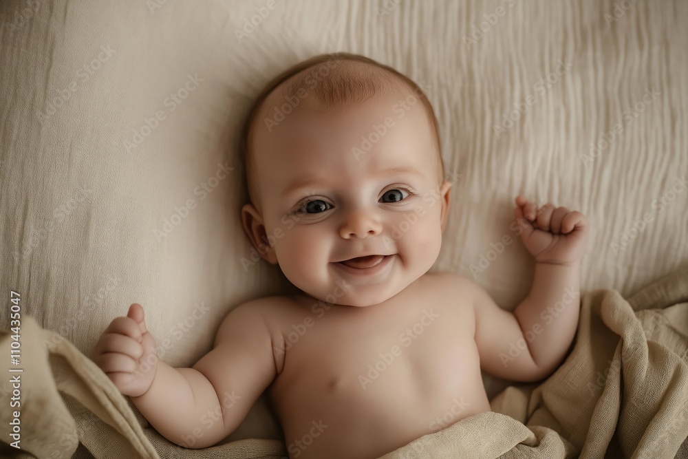 Sweet baby smiling at camera lying on bed. Adorable newborn portrait. Home indoor photo. Infant boy or girl. Happy and relaxed. Soft beige linens. Sweet and peaceful moment. Sweet baby smiling at camera lying on bed. Adorable newborn portrait. Home indoor photo. Infant boy or girl. Happy and relaxed. Soft beige linens. Sweet and peaceful moment.
