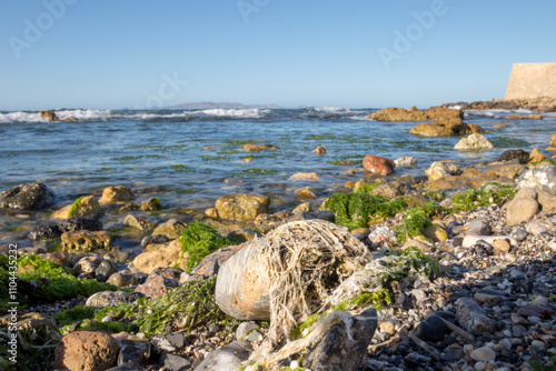 Low view of a beach with rocks. calm sea, moss and algae on the stones.