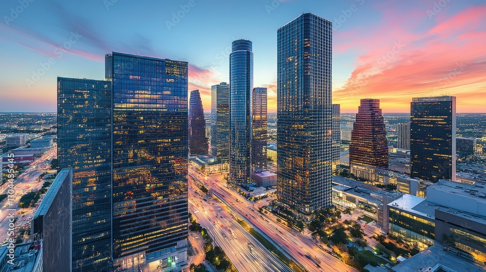 Obraz premium City skyline at dusk with vibrant colors.