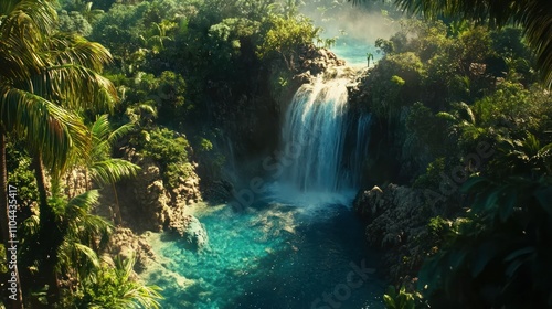 Lush tropical waterfall surrounded by greenery.