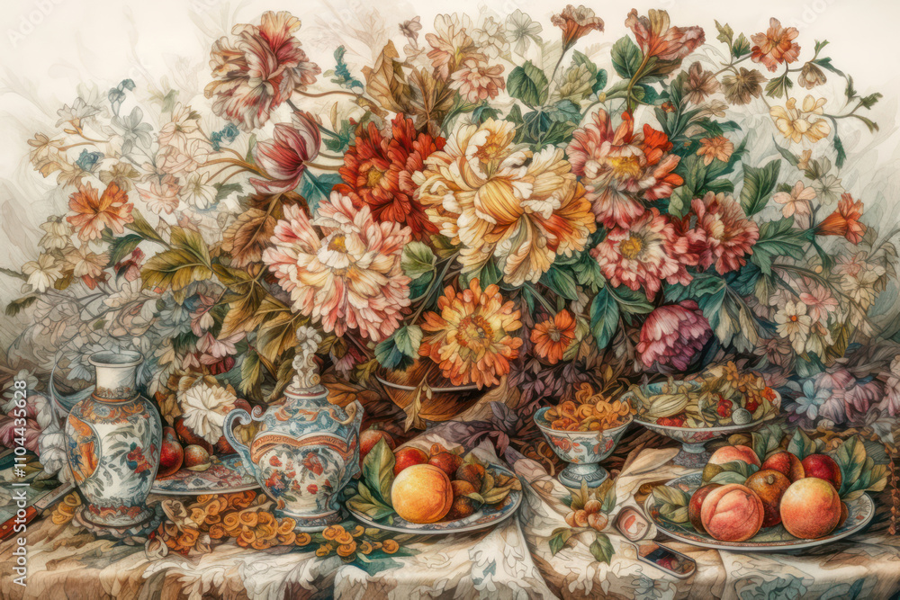 Fototapeta premium still life with bright flowers, fruits and antique dishes. In the center of the composition there are lush flowers of various shades 