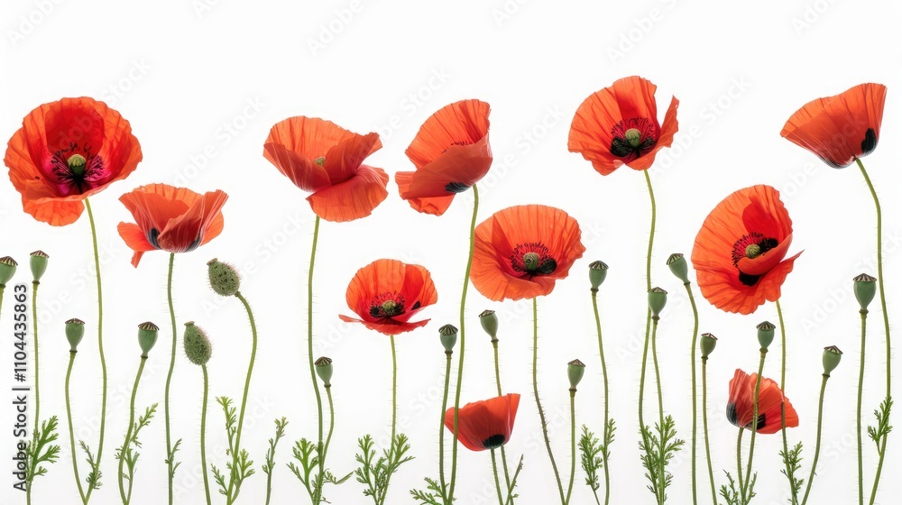 Obraz premium Red poppies on white background, displaying natural beauty and graceful stems.