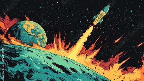 Rocket leaving earth and moon in comic style illustration