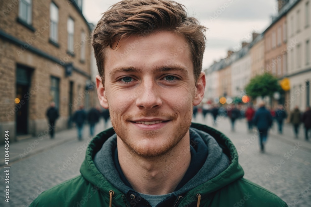 Close portrait of a smiling young Irish man looking at the camera, Irish city outdoors blurred background Close portrait of a smiling young Irish man looking at the camera, Irish city outdoors blurred background