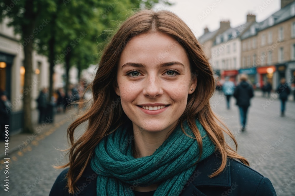 Close portrait of a smiling young Irish woman looking at the camera, Irish city outdoors blurred background Close portrait of a smiling young Irish woman looking at the camera, Irish city outdoors blurred background