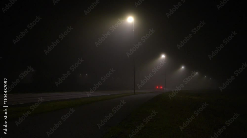 Cars driving down a foggy road at night Cars driving down a foggy road at night