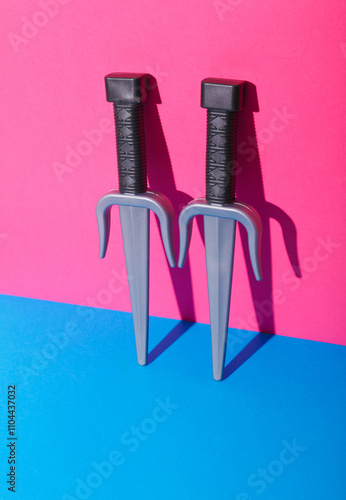 Toy plastic sai weapons on pink blue background photo