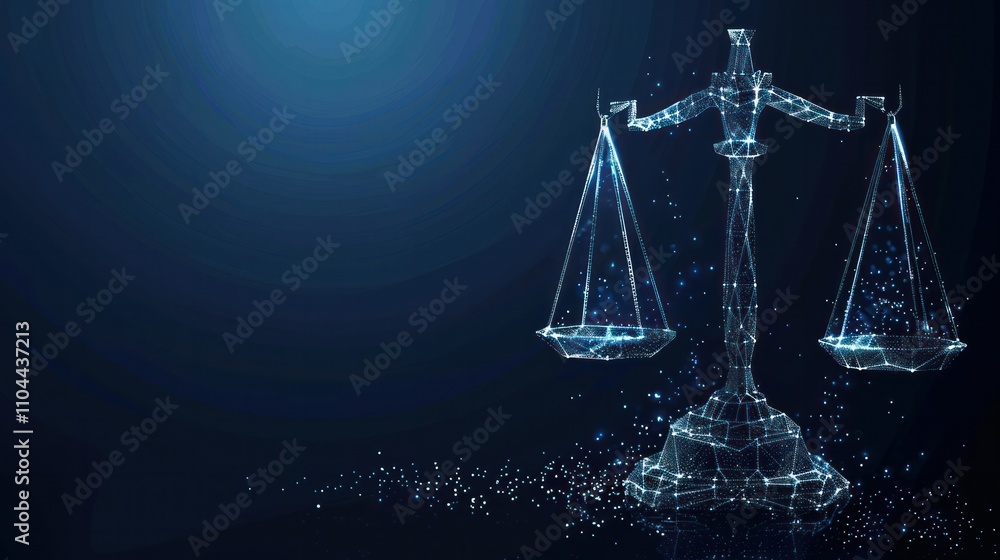 photograph of Futuristic justice, law judgement concept with glowing low polygonal balance scales isolated on dark blue background. Modern wire frame mesh design illustration. wide angle lens photograph of Futuristic justice, law judgement concept with glowing low polygonal balance scales isolated on dark blue background. Modern wire frame mesh design illustration. wide angle lens