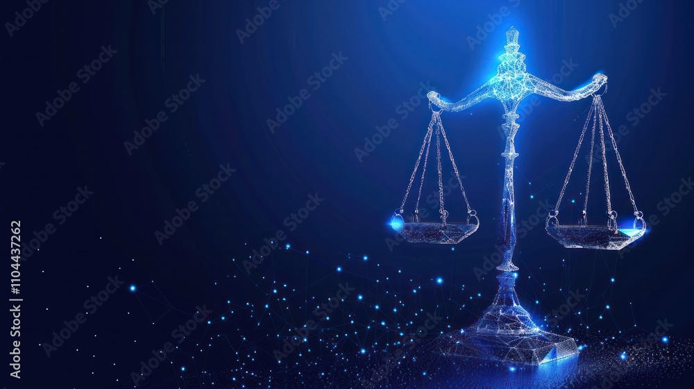 photograph of Futuristic justice, law judgement concept with glowing low polygonal balance scales isolated on dark blue background. Modern wire frame mesh design illustration. wide angle lens photograph of Futuristic justice, law judgement concept with glowing low polygonal balance scales isolated on dark blue background. Modern wire frame mesh design illustration. wide angle lens