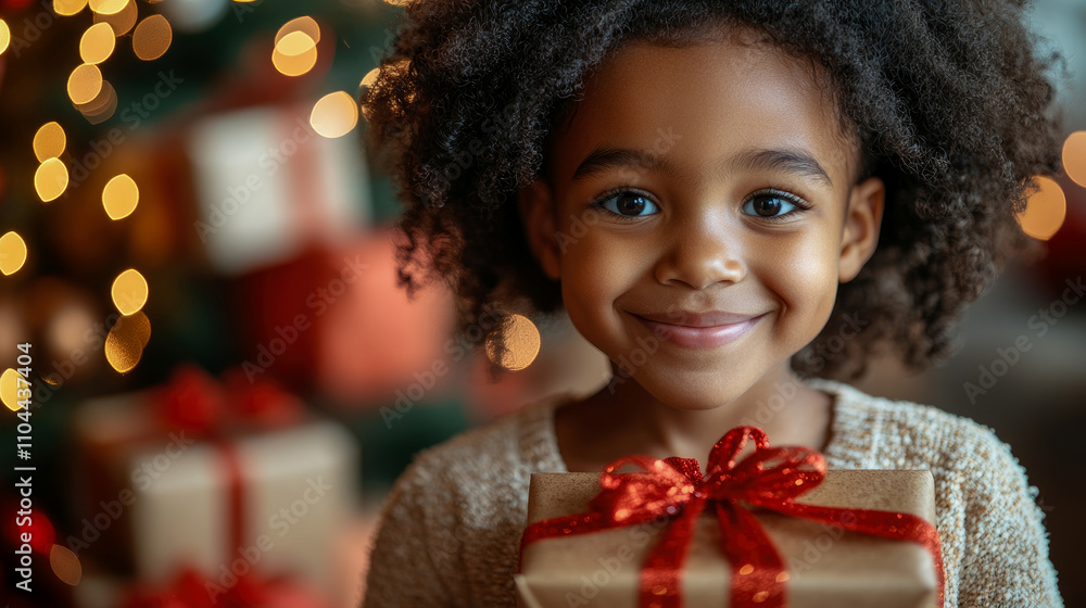 A little girl with curly hair beams with happiness as she holds a beautifully wrapped present in a festive setting filled with holiday decorations A little girl with curly hair beams with happiness as she holds a beautifully wrapped present in a festive setting filled with holiday decorations