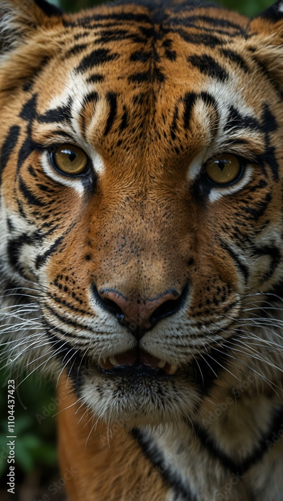 Fototapeta premium Close-up of tiger’s intense face in jungle.