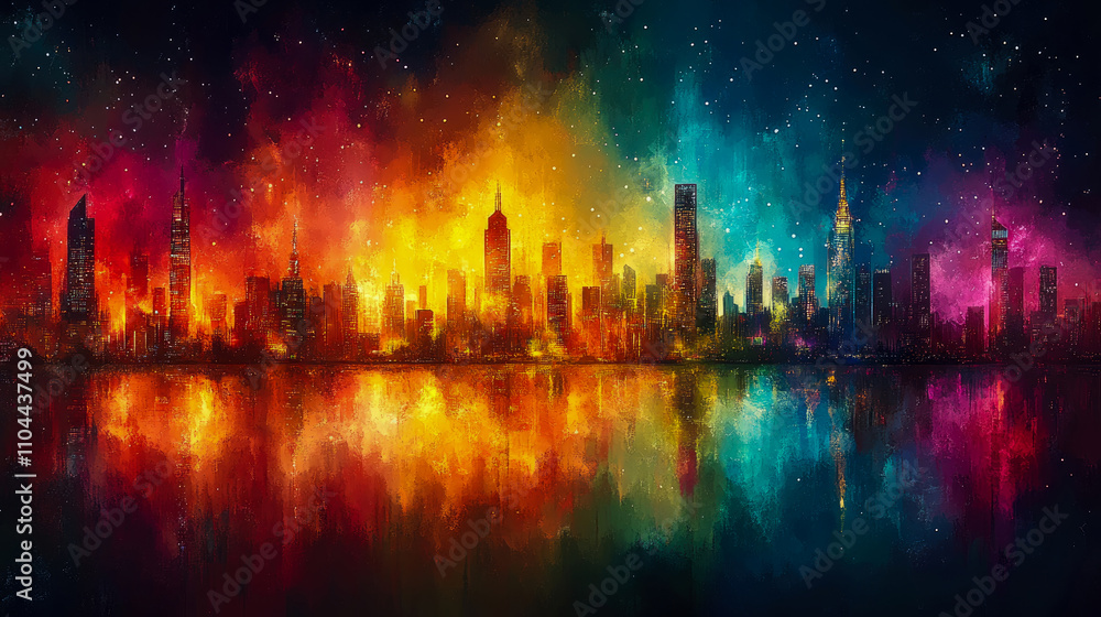 A dazzling city skyline glows with vibrant colors at night, mirrored in the calm water below, creating a breathtaking urban view A dazzling city skyline glows with vibrant colors at night, mirrored in the calm water below, creating a breathtaking urban view