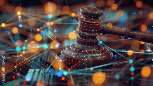 photograph of Gavel surrounded by digital connections representing the data production and storage aspects of AI in law wide angle lens