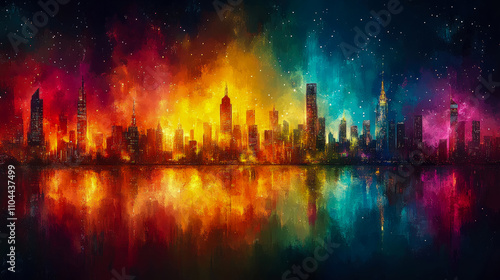 A dazzling city skyline glows with vibrant colors at night, mirrored in the calm water below, creating a breathtaking urban view