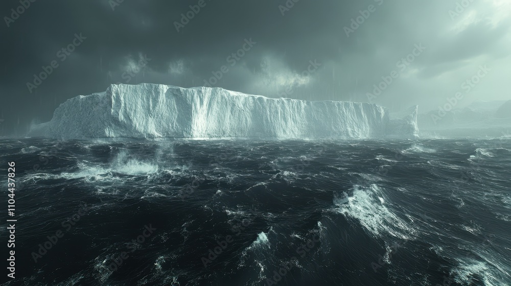 A dramatic seascape featuring an icy glacier under a stormy sky, ideal for themes of climate change, nature's power, and environmental awareness in marketing or educational materials, A dramatic seascape featuring an icy glacier under a stormy sky, ideal for themes of climate change, nature's power, and environmental awareness in marketing or educational materials,