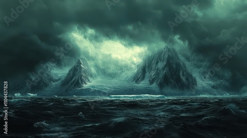 A dramatic seascape featuring dark mountains shrouded in ominous clouds, creating a mysterious atmosphere, Ideal for themes of nature, adventure, or climate change awareness, photo