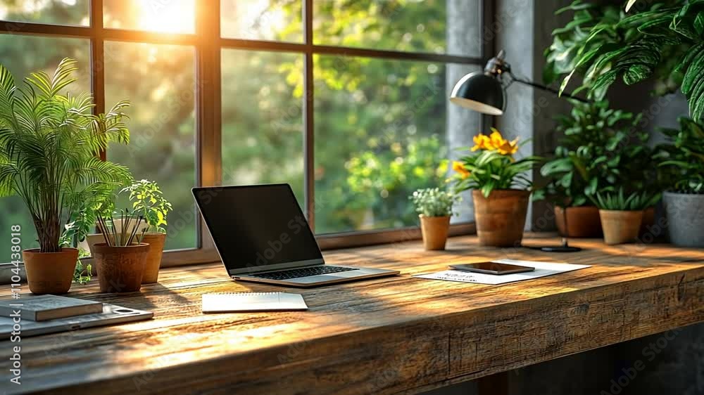Sunlit Workspace with Laptop, Plants, and Rustic Desk Sunlit Workspace with Laptop, Plants, and Rustic Desk