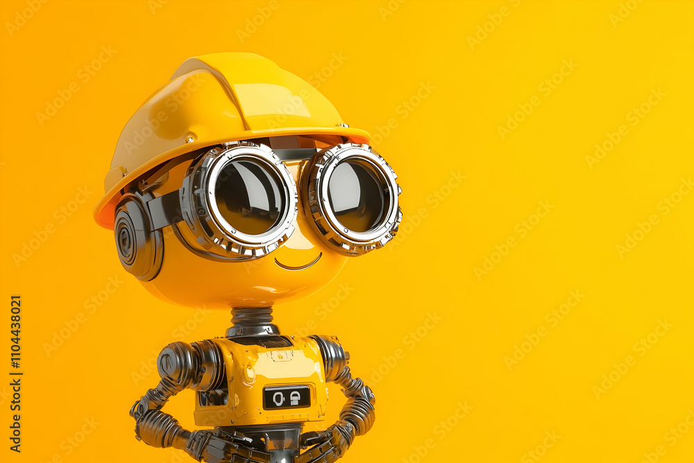 Yellow cartoon robot with goggles and hard hat on orange background. Yellow cartoon robot with goggles and hard hat on orange background.