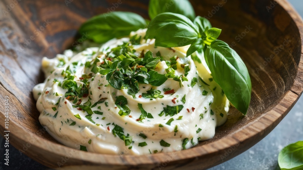 Mayonnaise sauce with fresh basil, parsley and oregano, finely chopped garlic and onion. Mayonnaise sauce with fresh basil, parsley and oregano, finely chopped garlic and onion.