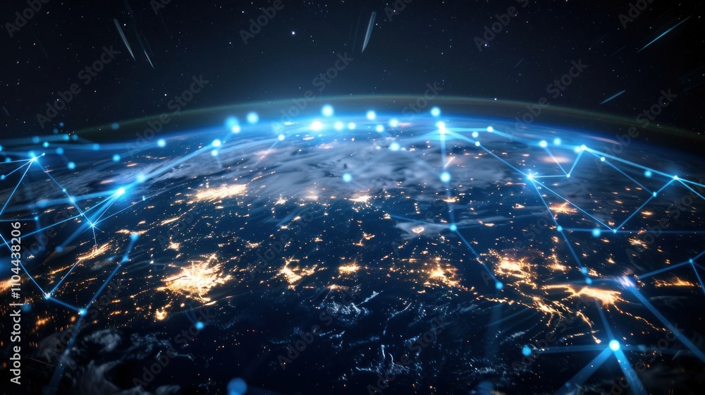 photograph of Global network connection covering the earth with lines of innovative perception . Concept of 5G wireless digital connection photograph of Global network connection covering the earth with lines of innovative perception . Concept of 5G wireless digital connection