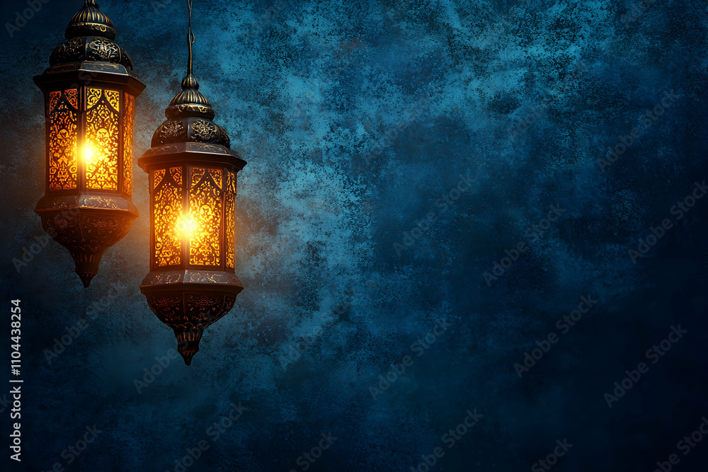 Arabic lanterns Light Lamp with dark blue grungy backdrop. Islamic Ramadan Kareem, iftar festival or Eid Mubarak banner background Arabic lanterns Light Lamp with dark blue grungy backdrop. Islamic Ramadan Kareem, iftar festival or Eid Mubarak banner background