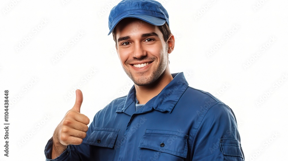 Friendly Worker Smiling and Giving Thumbs Up in Blue Uniform Friendly Worker Smiling and Giving Thumbs Up in Blue Uniform