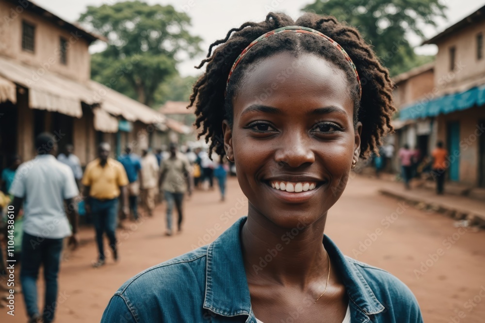 Close portrait of a smiling young Kenyan woman looking at the camera, Kenyan city outdoors blurred background Close portrait of a smiling young Kenyan woman looking at the camera, Kenyan city outdoors blurred background