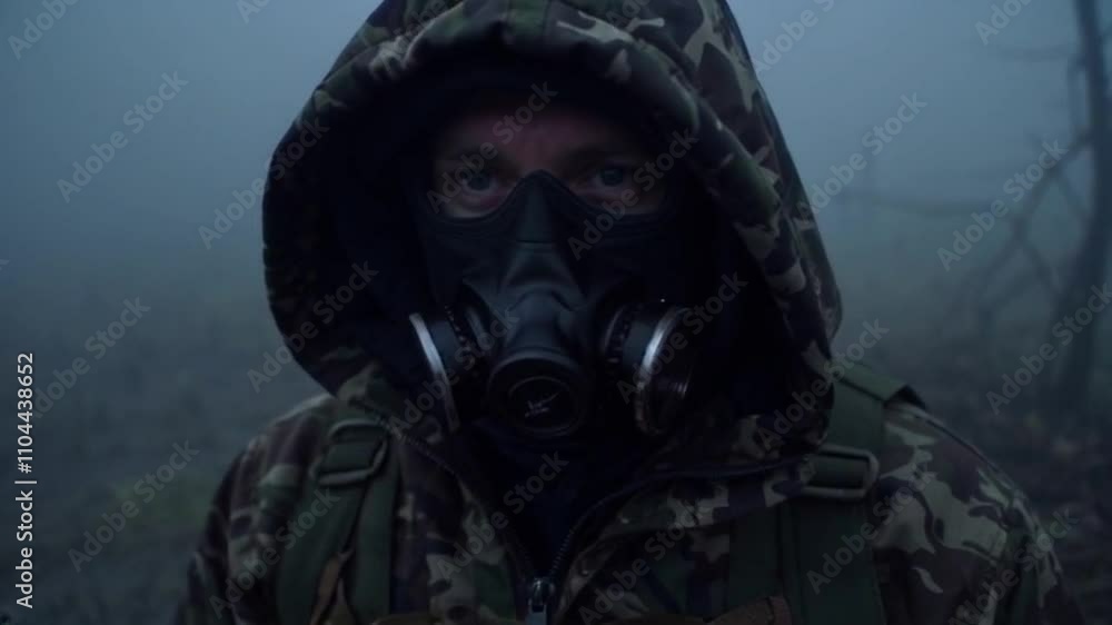 Hooded man wearing a gas mask in a foggy, post-apocalyptic setting. Hooded man wearing a gas mask in a foggy, post-apocalyptic setting.