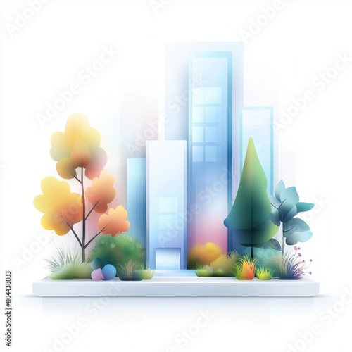 A vibrant urban scene combines modern buildings with lush greenery, representing a harmonious blend of nature and architecture, ideal for themes of sustainability and city life, photo