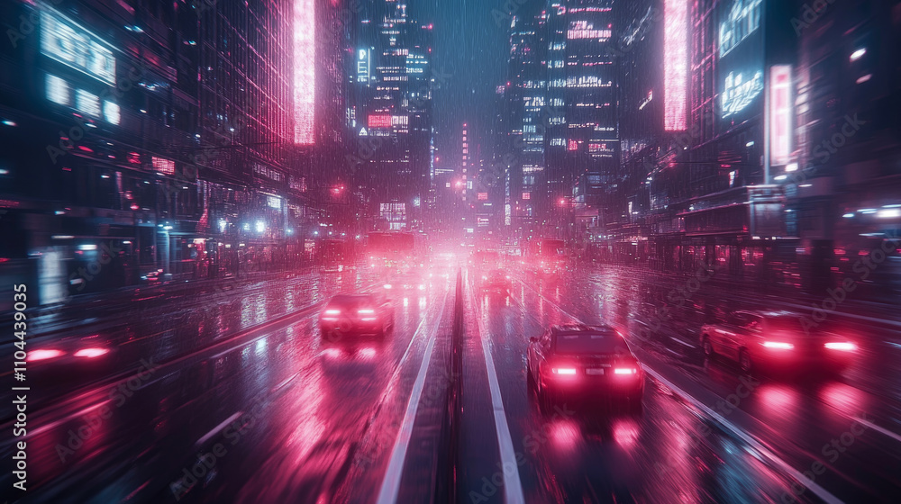 Cars drive through a vibrant city filled with neon lights reflecting on rainy streets, creating a dynamic urban atmosphere at night Cars drive through a vibrant city filled with neon lights reflecting on rainy streets, creating a dynamic urban atmosphere at night