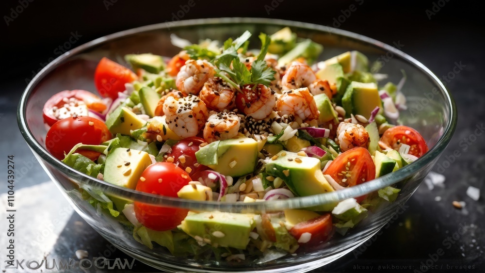 Sliced lettuce salad, tomatoes, cucumber, baked shrimp and diced avocado, all liberally drizzled with sauce. Sliced lettuce salad, tomatoes, cucumber, baked shrimp and diced avocado, all liberally drizzled with sauce.